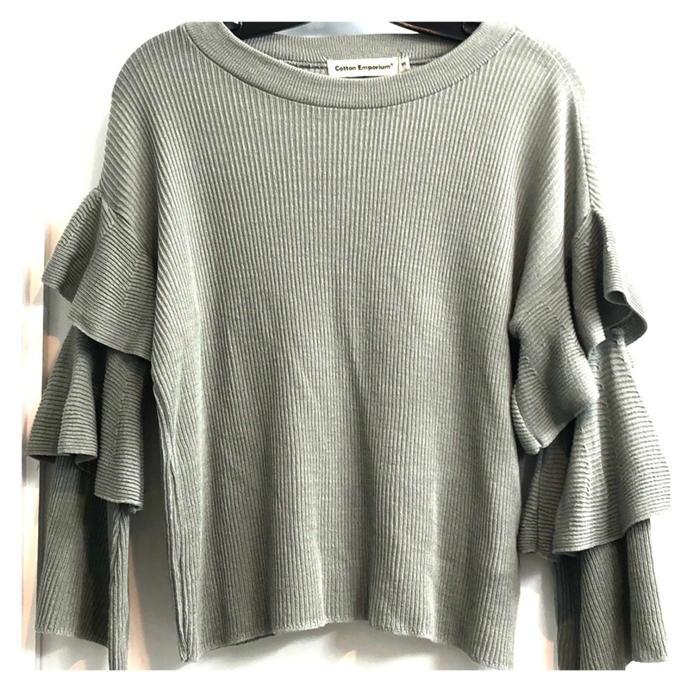 Grey Ruffle Sleeve Sweater